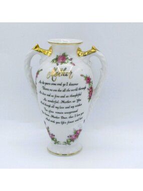 Fine ChinaVase Mothers Day Gift Double Handled Roses Gold Trim    200